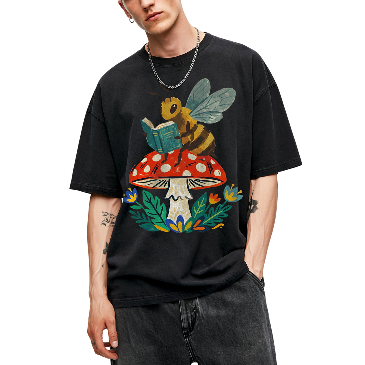 SF_COLOR=black; SF_ITEM=adult-t-shirt; SF_ROLE=main; Bookworm Bee Red Mushroom Reading Nature Cottagecore T-Shirt Whimsical Yard Tee - Black Adult T-Shirt product image