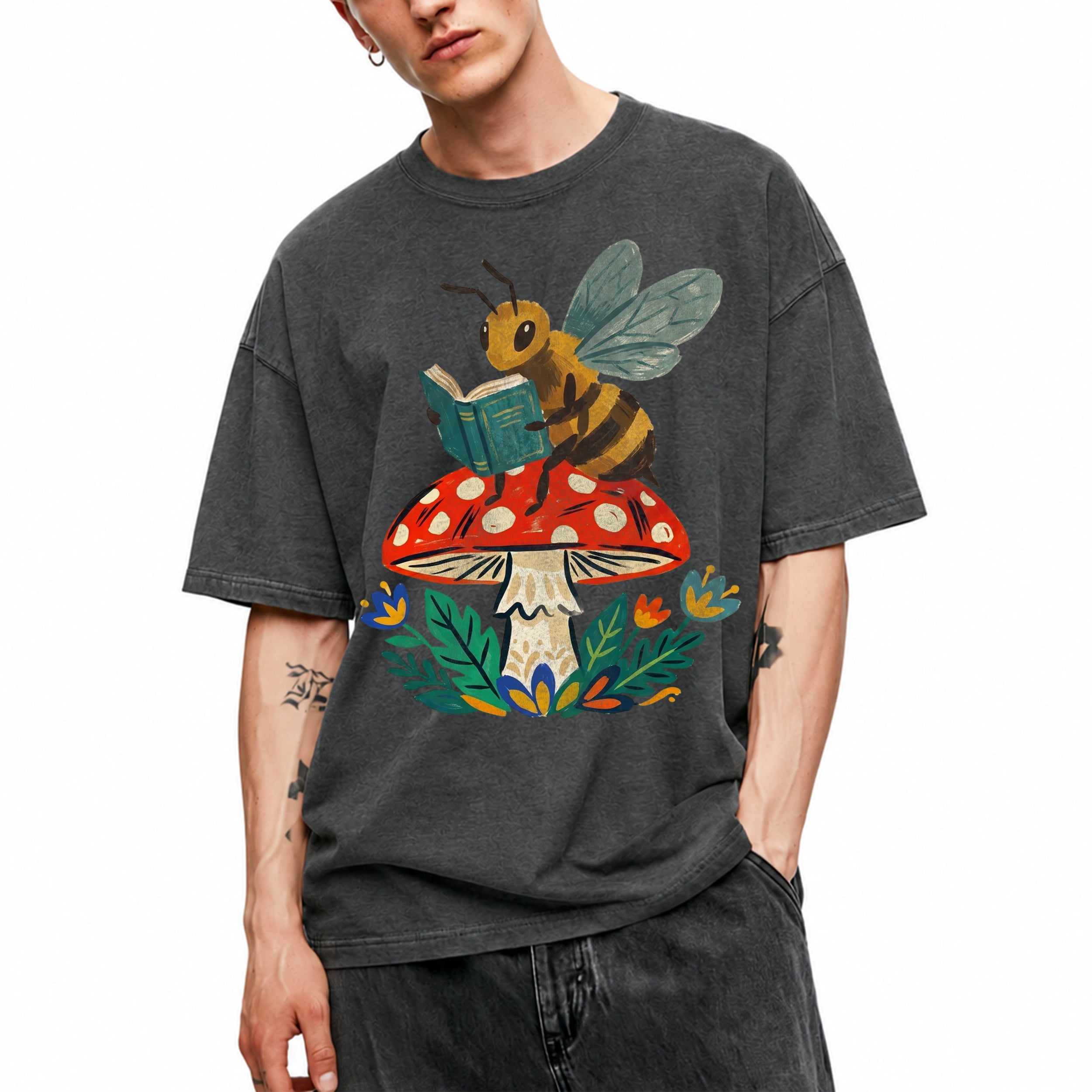 SF_COLOR=dark-heather; SF_ITEM=adult-t-shirt; SF_ROLE=main; Bookworm Bee Red Mushroom Reading Nature Cottagecore T-Shirt Whimsical Yard Tee - Dark Heather Adult T-Shirt product image