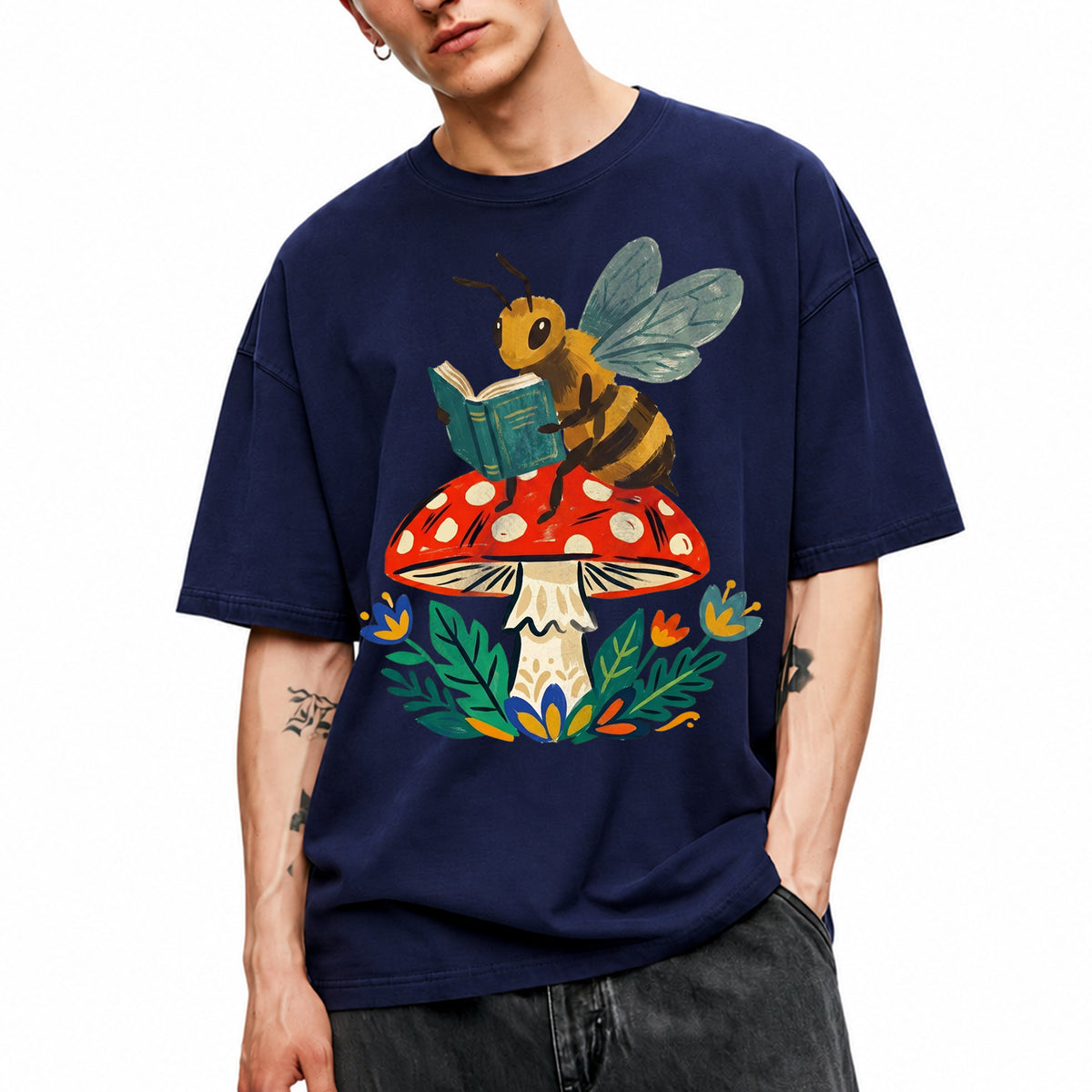 SF_COLOR=navy; SF_ITEM=adult-t-shirt; SF_ROLE=main; Bookworm Bee Red Mushroom Reading Nature Cottagecore T-Shirt Whimsical Yard Tee - Navy Adult T-Shirt product image
