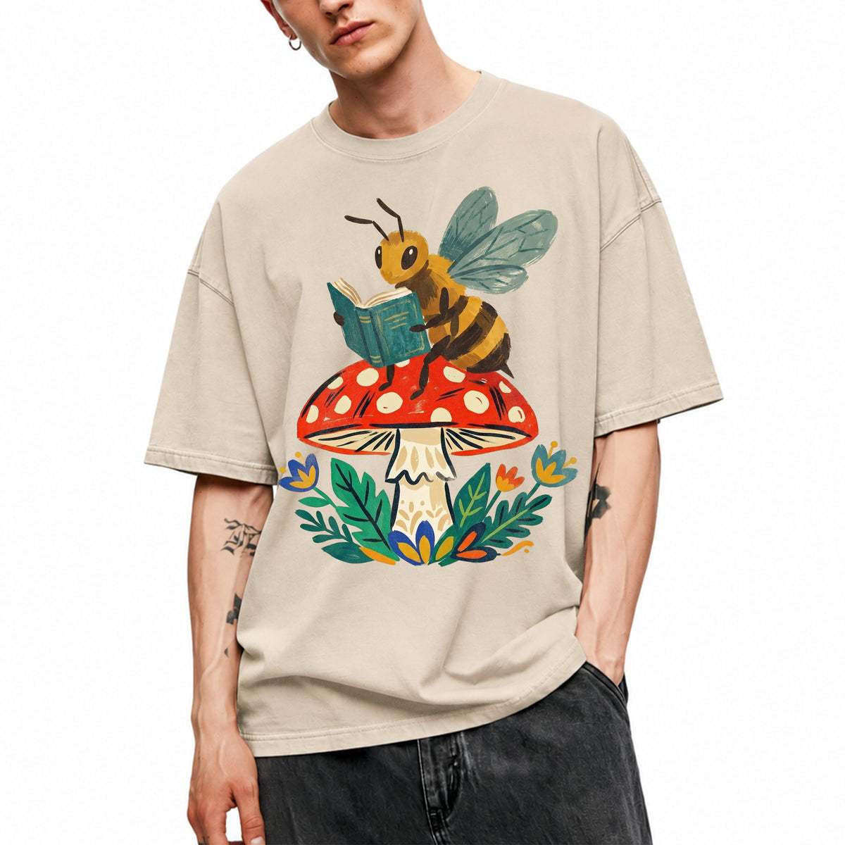 SF_COLOR=sand; SF_ITEM=adult-t-shirt; SF_ROLE=main; Bookworm Bee Red Mushroom Reading Nature Cottagecore T-Shirt Whimsical Yard Tee - Sand Adult T-Shirt product image
