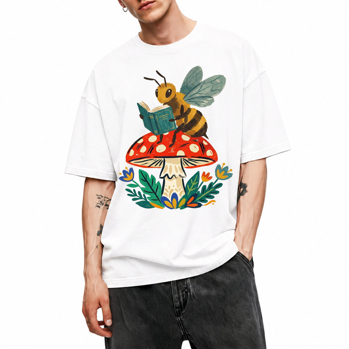 SF_COLOR=white; SF_ITEM=adult-t-shirt; SF_ROLE=main; Bookworm Bee Red Mushroom Reading Nature Cottagecore T-Shirt Whimsical Yard Tee - White Adult T-Shirt product image