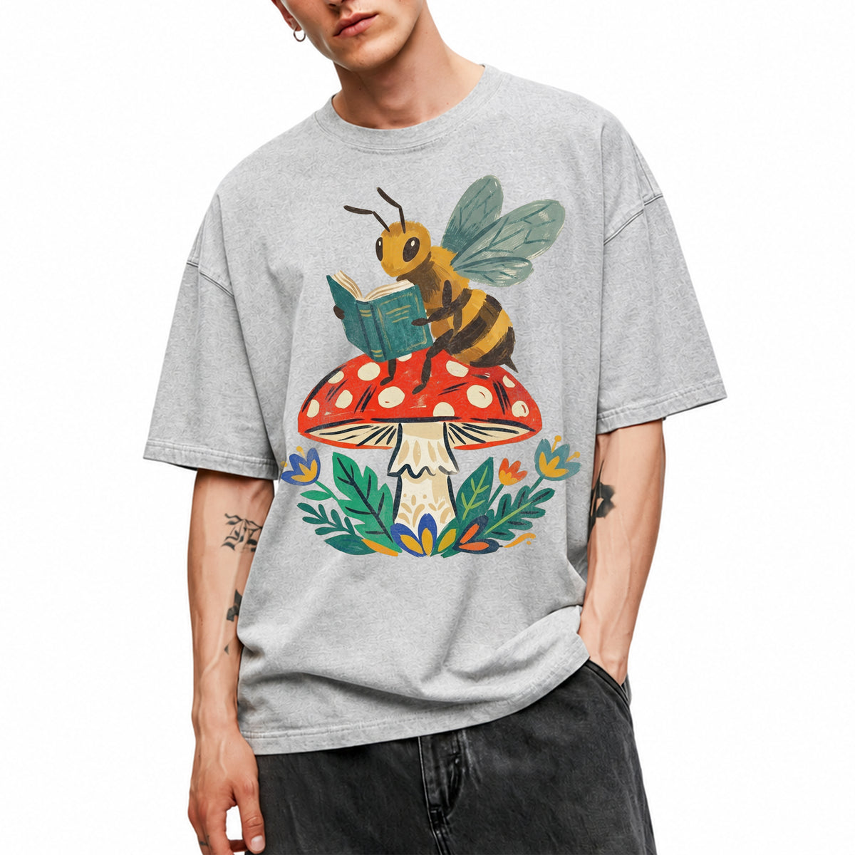 SF_COLOR=sport-grey; SF_ITEM=adult-t-shirt; SF_ROLE=main; Bookworm Bee Red Mushroom Reading Nature Cottagecore T-Shirt Whimsical Yard Tee - Sport Grey Adult T-Shirt product image
