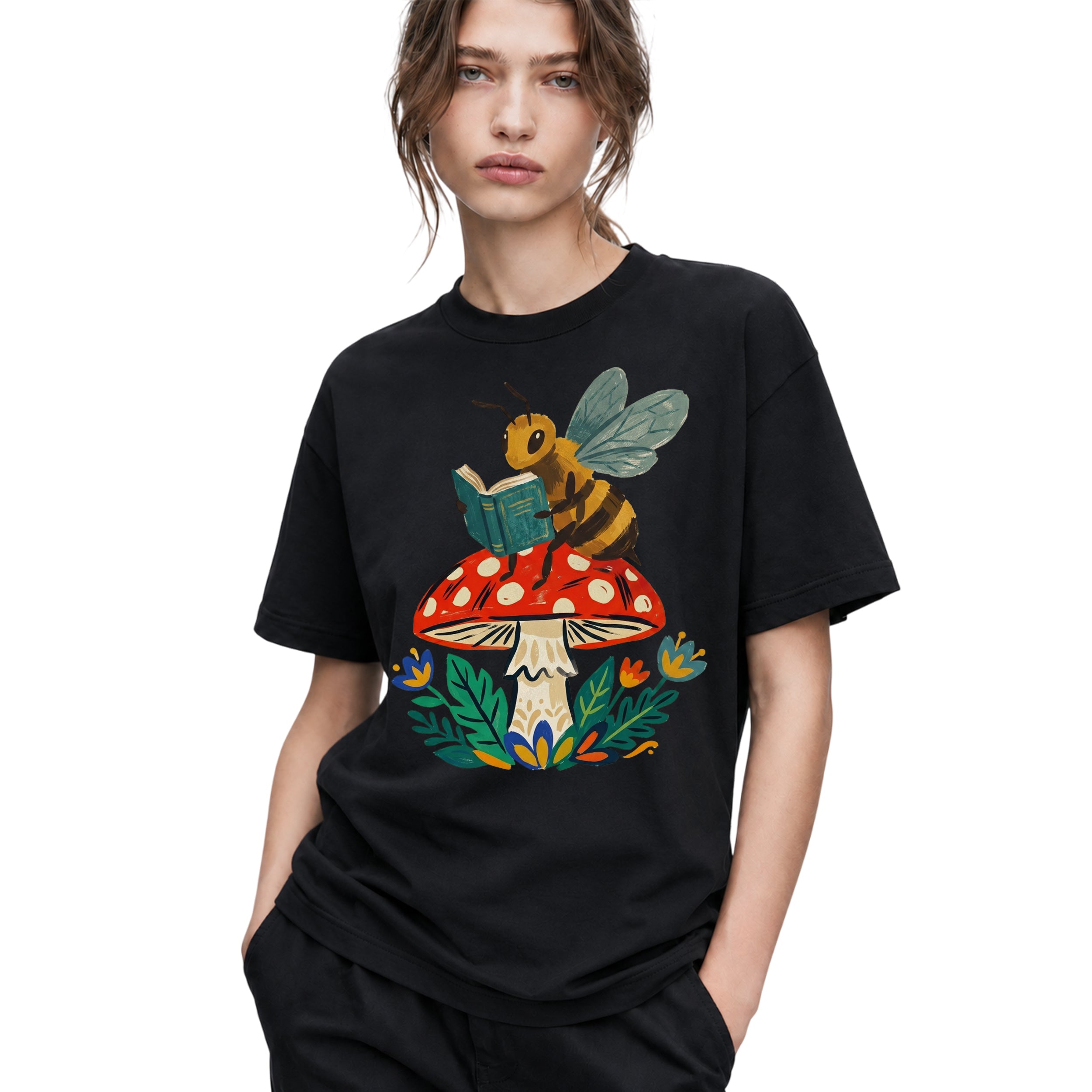 SF_COLOR=black; SF_ITEM=adult-t-shirt; SF_ROLE=gallery; Bookworm Bee Red Mushroom Reading Nature Cottagecore T-Shirt Whimsical Yard Tee - Black Adult T-Shirt product image