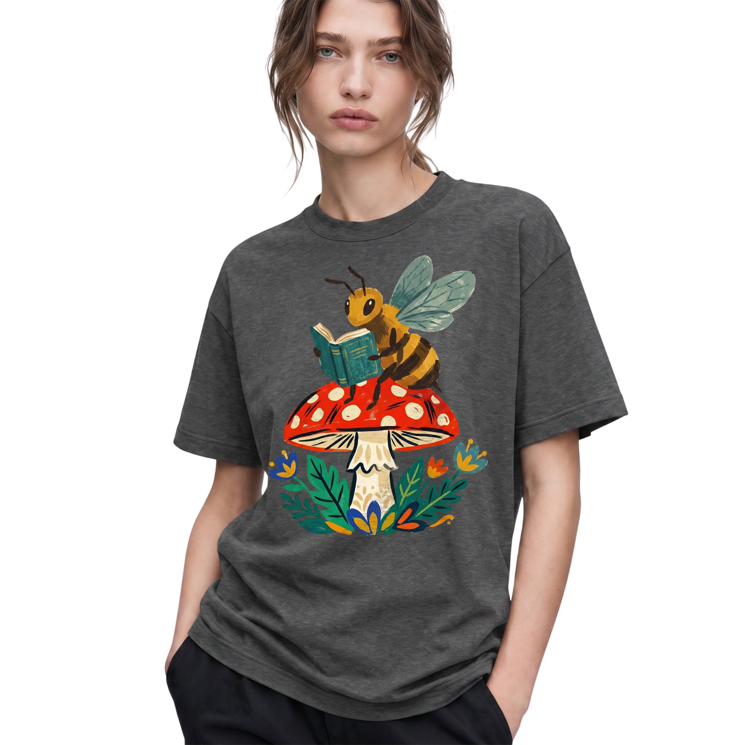 SF_COLOR=dark-heather; SF_ITEM=adult-t-shirt; SF_ROLE=gallery; Bookworm Bee Red Mushroom Reading Nature Cottagecore T-Shirt Whimsical Yard Tee - Dark Heather Adult T-Shirt product image