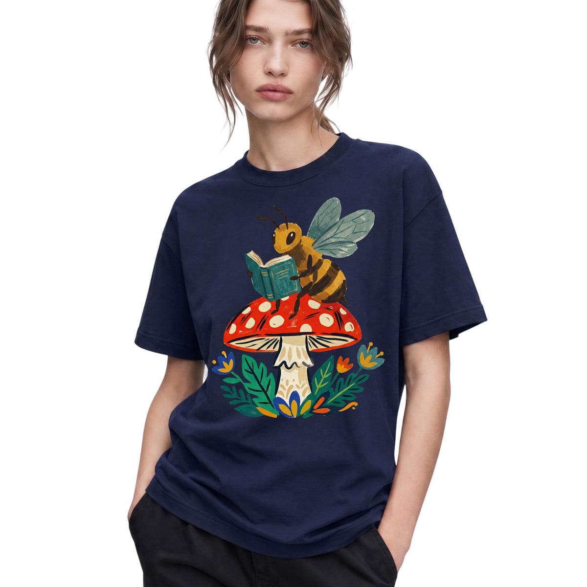 SF_COLOR=navy; SF_ITEM=adult-t-shirt; SF_ROLE=gallery; Bookworm Bee Red Mushroom Reading Nature Cottagecore T-Shirt Whimsical Yard Tee - Navy Adult T-Shirt product image