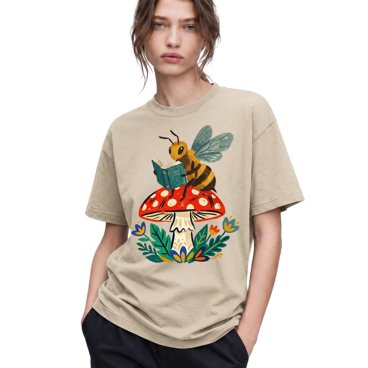 SF_COLOR=sand; SF_ITEM=adult-t-shirt; SF_ROLE=gallery; Bookworm Bee Red Mushroom Reading Nature Cottagecore T-Shirt Whimsical Yard Tee - Sand Adult T-Shirt product image