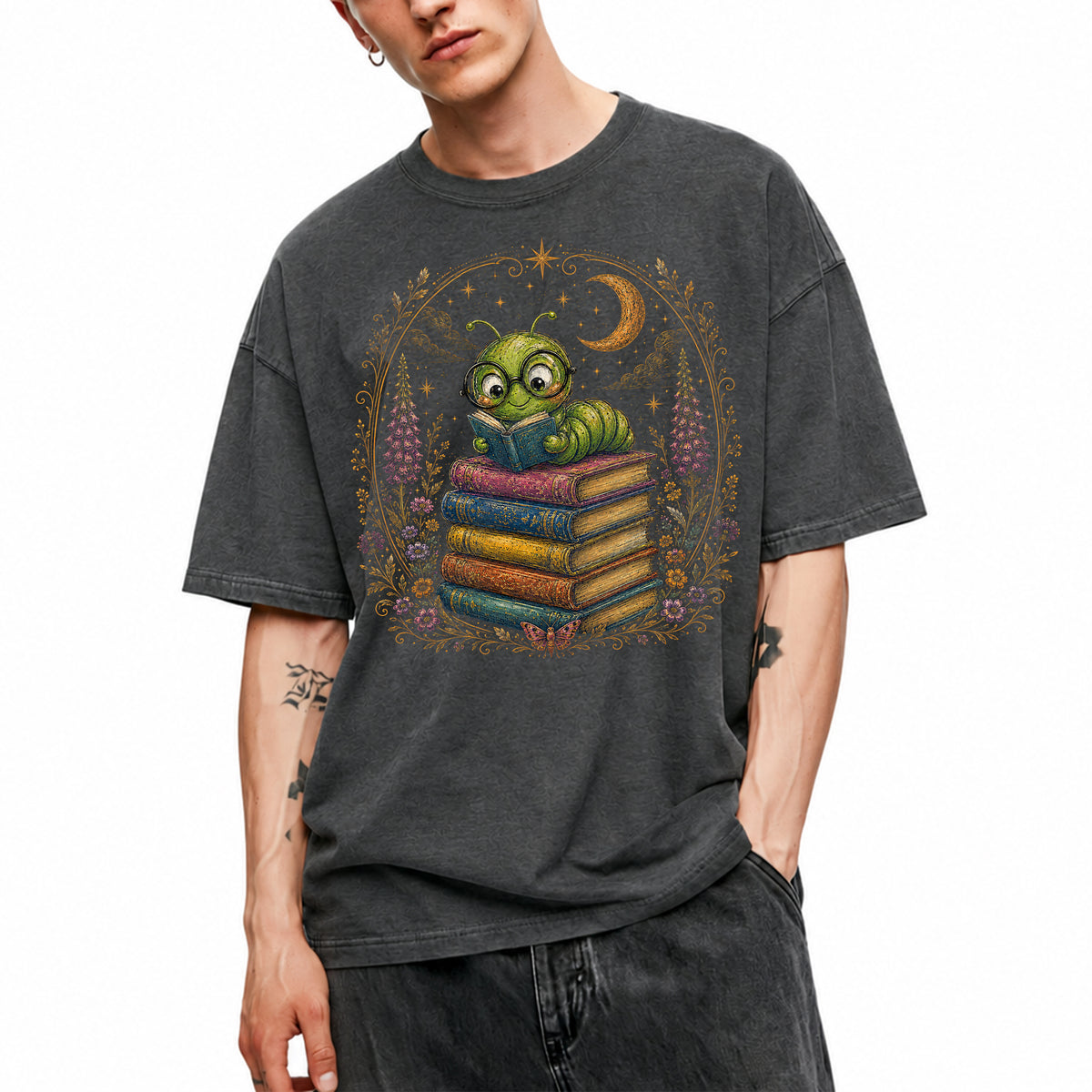 SF_COLOR=dark-heather; SF_ITEM=adult-t-shirt; SF_ROLE=main; Bookworm Caterpillar Reading Night Moon Flowersss T-Shirt Dreamer Tee - Dark Heather Adult T-Shirt product image
