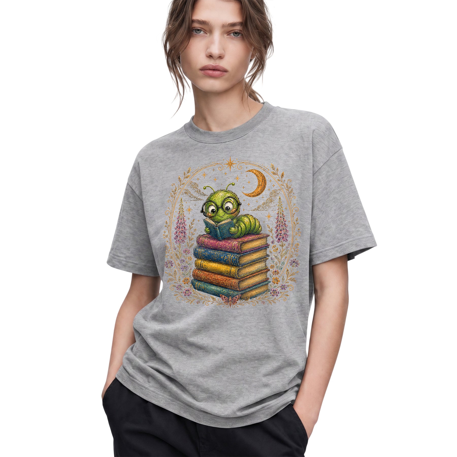 SF_COLOR=sport-grey; SF_ITEM=adult-t-shirt; SF_ROLE=gallery; Bookworm Caterpillar Reading Night Moon Flowersss T-Shirt Dreamer Tee - Sport Grey Adult T-Shirt product image
