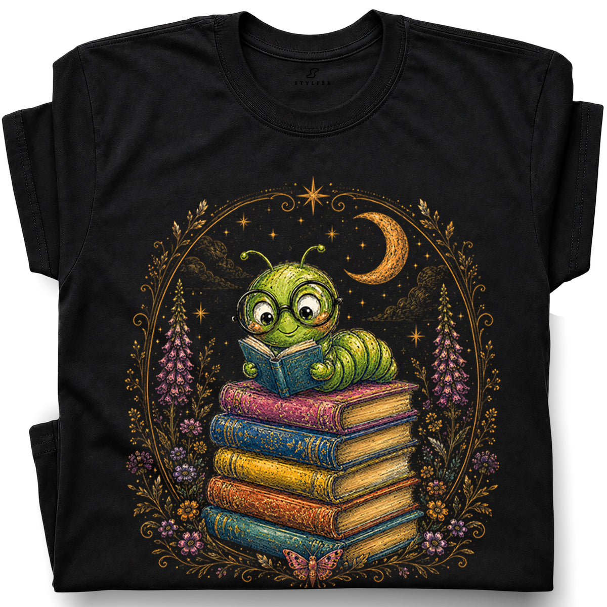 SF_COLOR=black; SF_ITEM=adult-t-shirt; SF_ROLE=gallery; Bookworm Caterpillar Reading Night Moon Flowersss T-Shirt Dreamer Tee - Black Adult T-Shirt product image