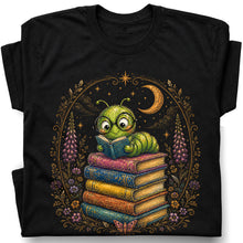 SF_COLOR=black; SF_ITEM=adult-t-shirt; SF_ROLE=gallery; Bookworm Caterpillar Reading Night Moon Flowersss T-Shirt Dreamer Tee - Black Adult T-Shirt product image