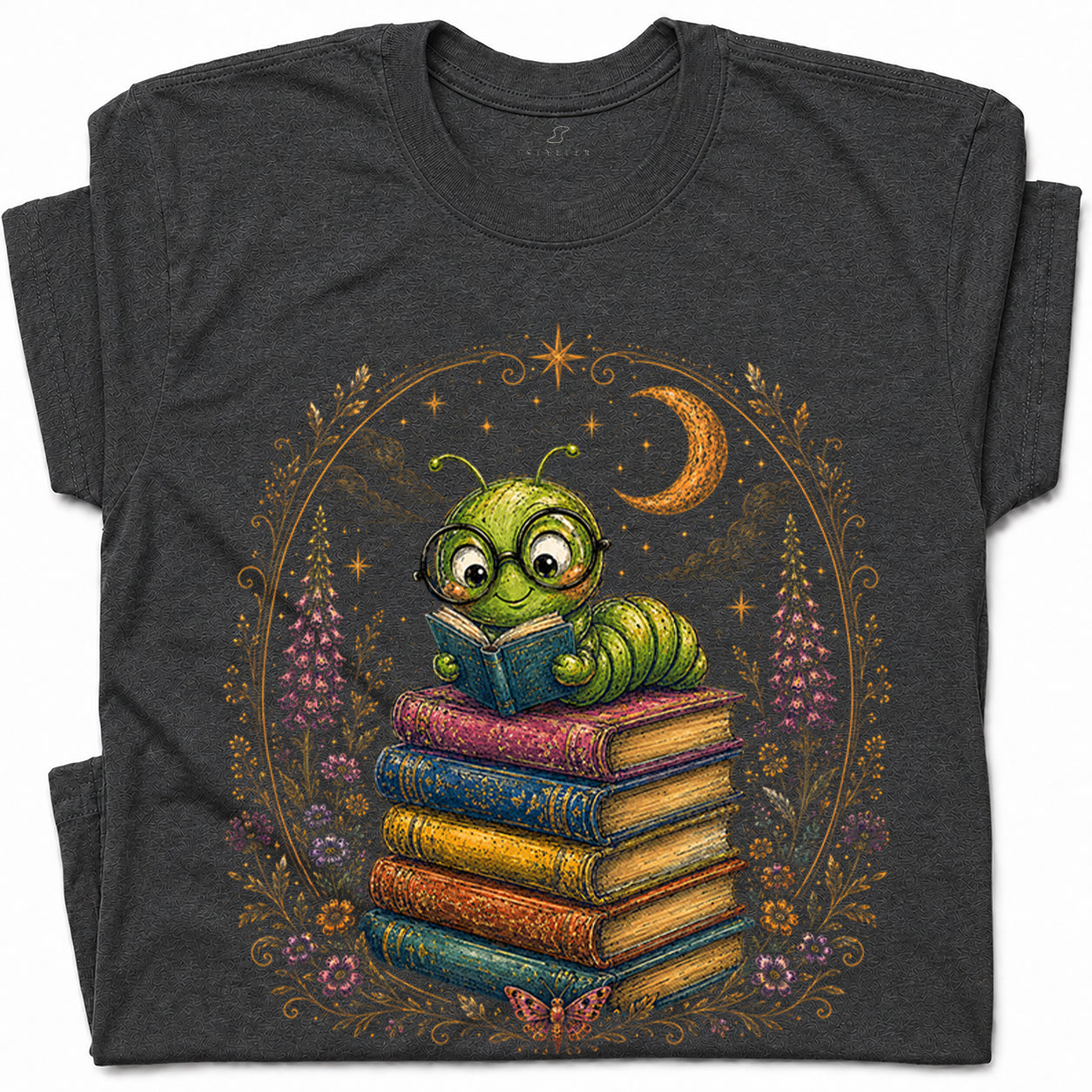 SF_COLOR=dark-heather; SF_ITEM=adult-t-shirt; SF_ROLE=gallery; Bookworm Caterpillar Reading Night Moon Flowersss T-Shirt Dreamer Tee - Dark Heather Adult T-Shirt product image
