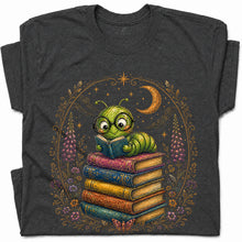 SF_COLOR=dark-heather; SF_ITEM=adult-t-shirt; SF_ROLE=gallery; Bookworm Caterpillar Reading Night Moon Flowersss T-Shirt Dreamer Tee - Dark Heather Adult T-Shirt product image