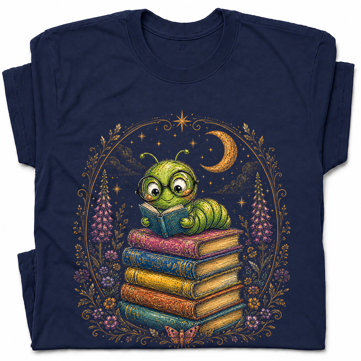SF_COLOR=navy; SF_ITEM=adult-t-shirt; SF_ROLE=gallery; Bookworm Caterpillar Reading Night Moon Flowersss T-Shirt Dreamer Tee - Navy Adult T-Shirt product image