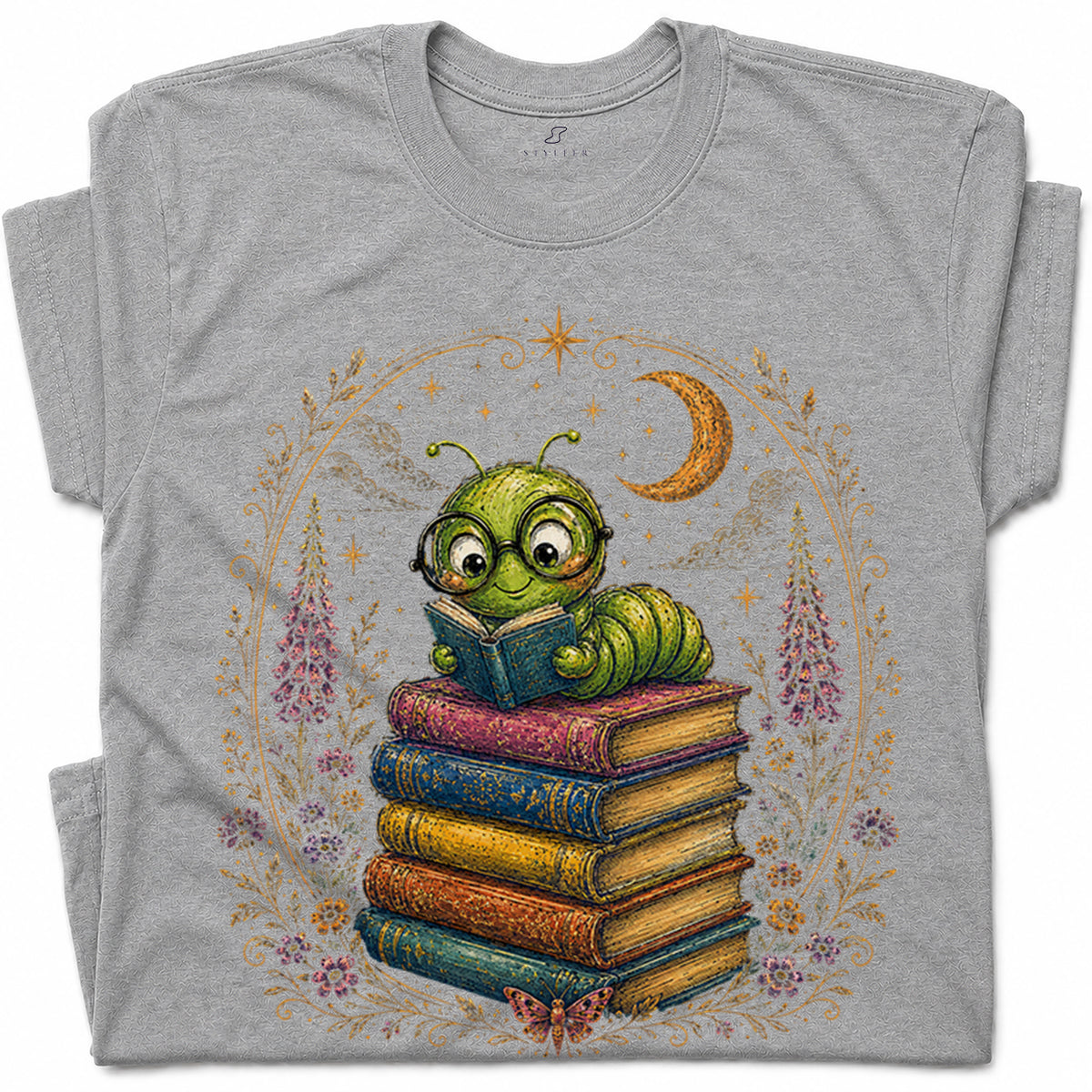 SF_COLOR=sport-grey; SF_ITEM=adult-t-shirt; SF_ROLE=gallery; Bookworm Caterpillar Reading Night Moon Flowersss T-Shirt Dreamer Tee - Sport Grey Adult T-Shirt product image