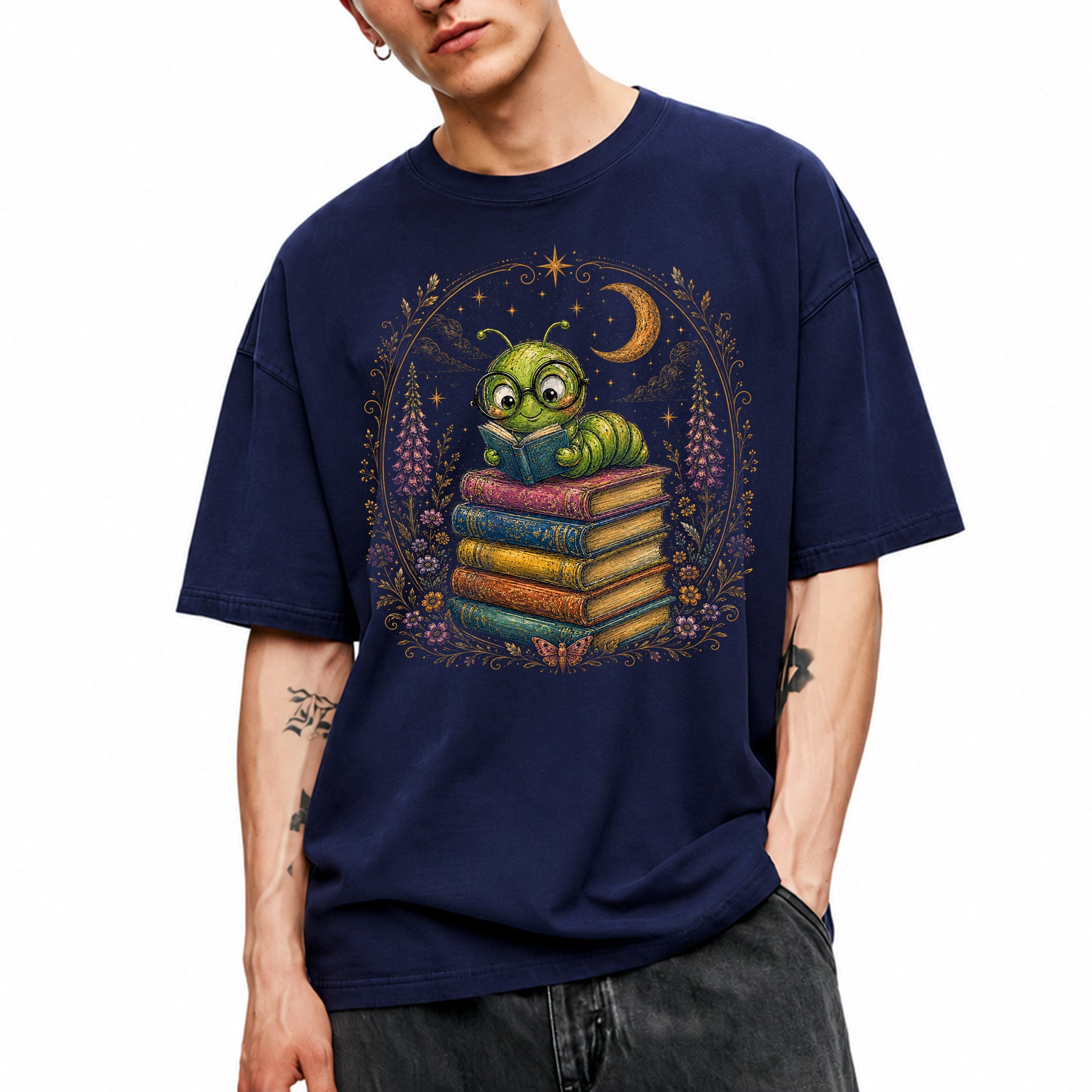 SF_COLOR=navy; SF_ITEM=adult-t-shirt; SF_ROLE=main; Bookworm Caterpillar Reading Night Moon Flowersss T-Shirt Dreamer Tee - Navy Adult T-Shirt product image