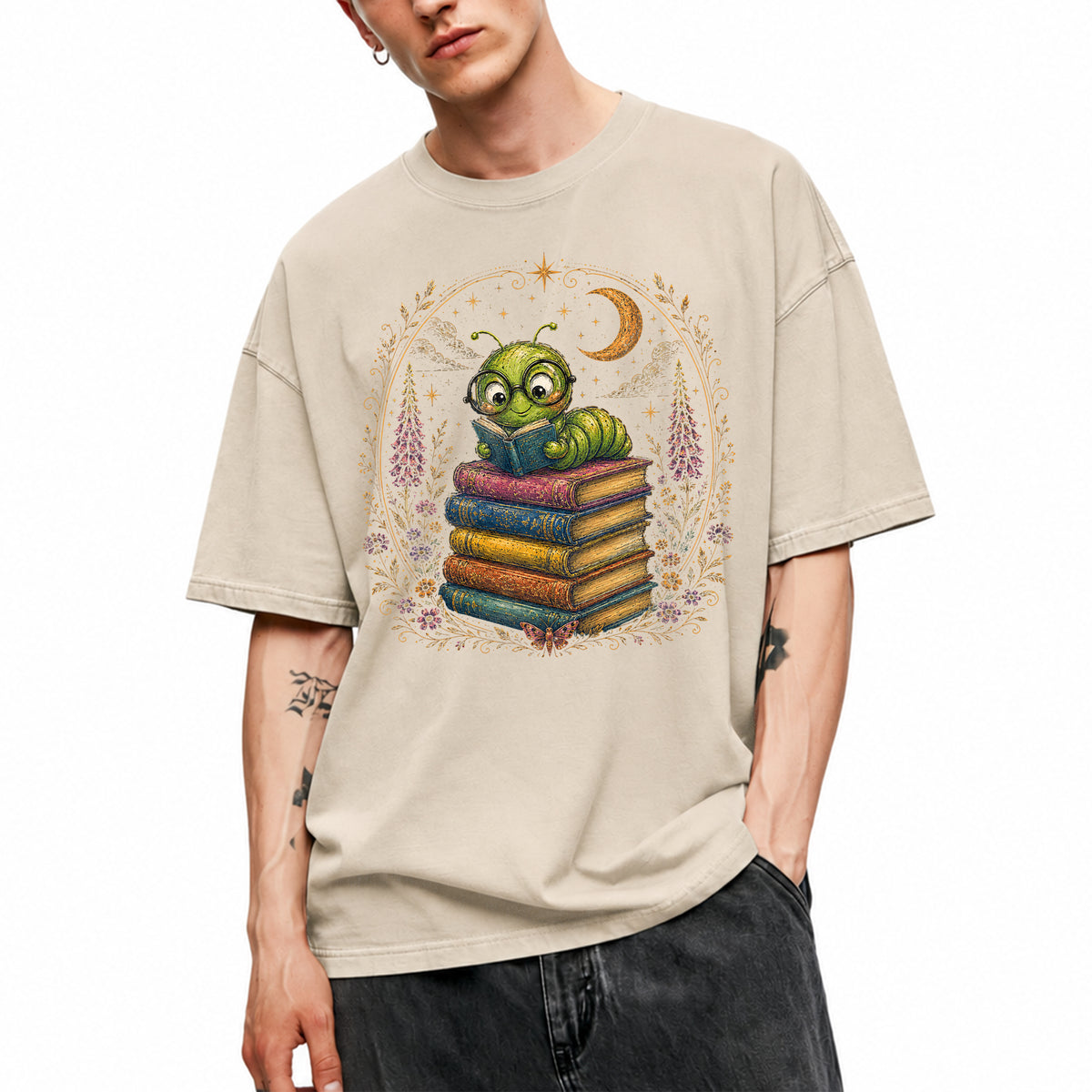 SF_COLOR=sand; SF_ITEM=adult-t-shirt; SF_ROLE=main; Bookworm Caterpillar Reading Night Moon Flowersss T-Shirt Dreamer Tee - Sand Adult T-Shirt product image
