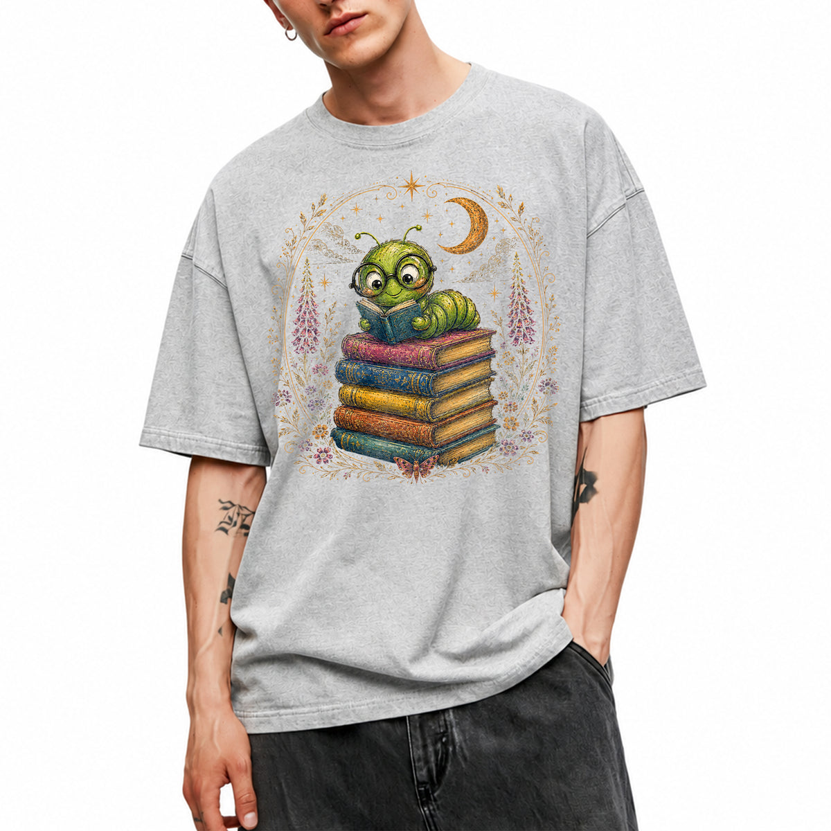 SF_COLOR=sport-grey; SF_ITEM=adult-t-shirt; SF_ROLE=main; Bookworm Caterpillar Reading Night Moon Flowersss T-Shirt Dreamer Tee - Sport Grey Adult T-Shirt product image