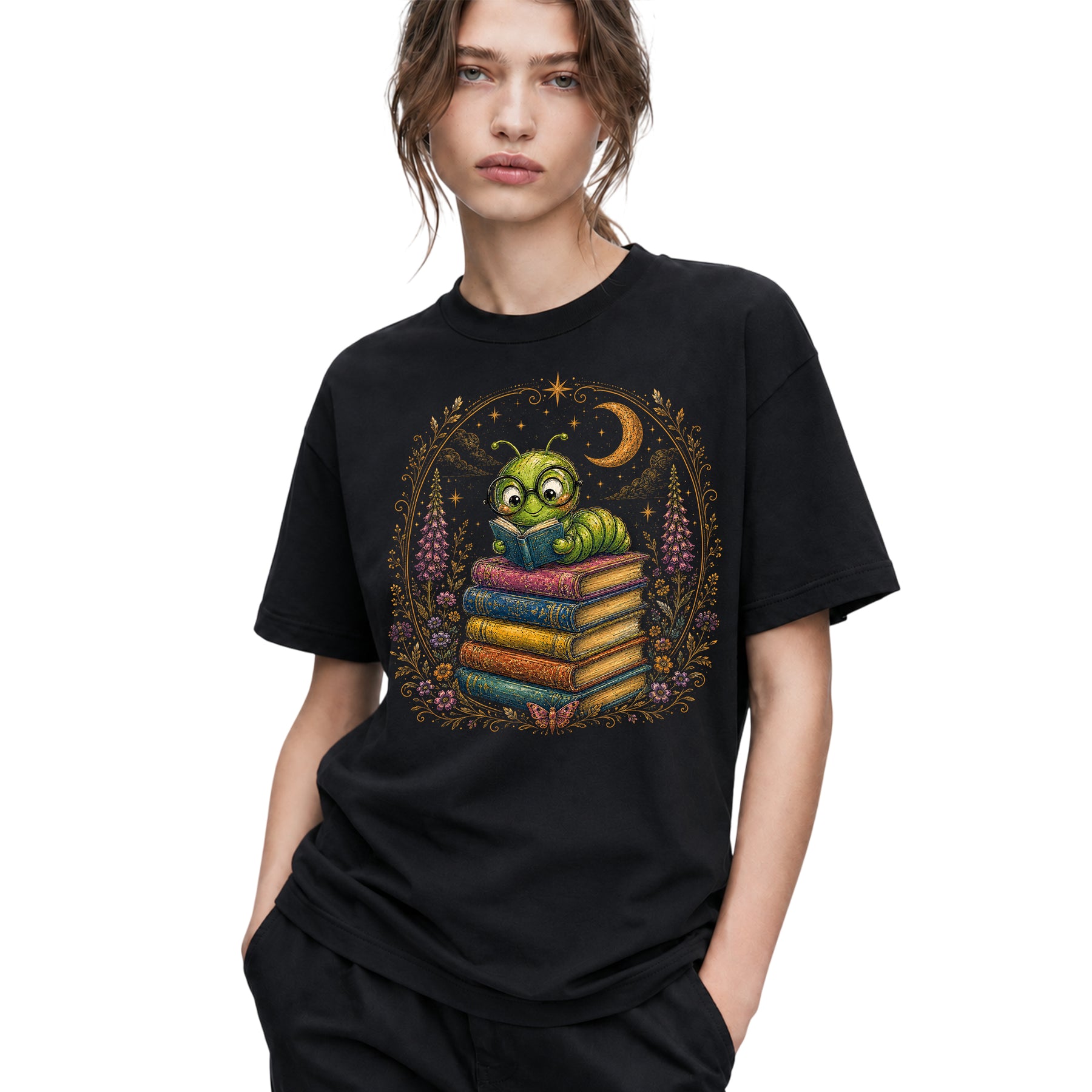 SF_COLOR=black; SF_ITEM=adult-t-shirt; SF_ROLE=gallery; Bookworm Caterpillar Reading Night Moon Flowersss T-Shirt Dreamer Tee - Black Adult T-Shirt product image
