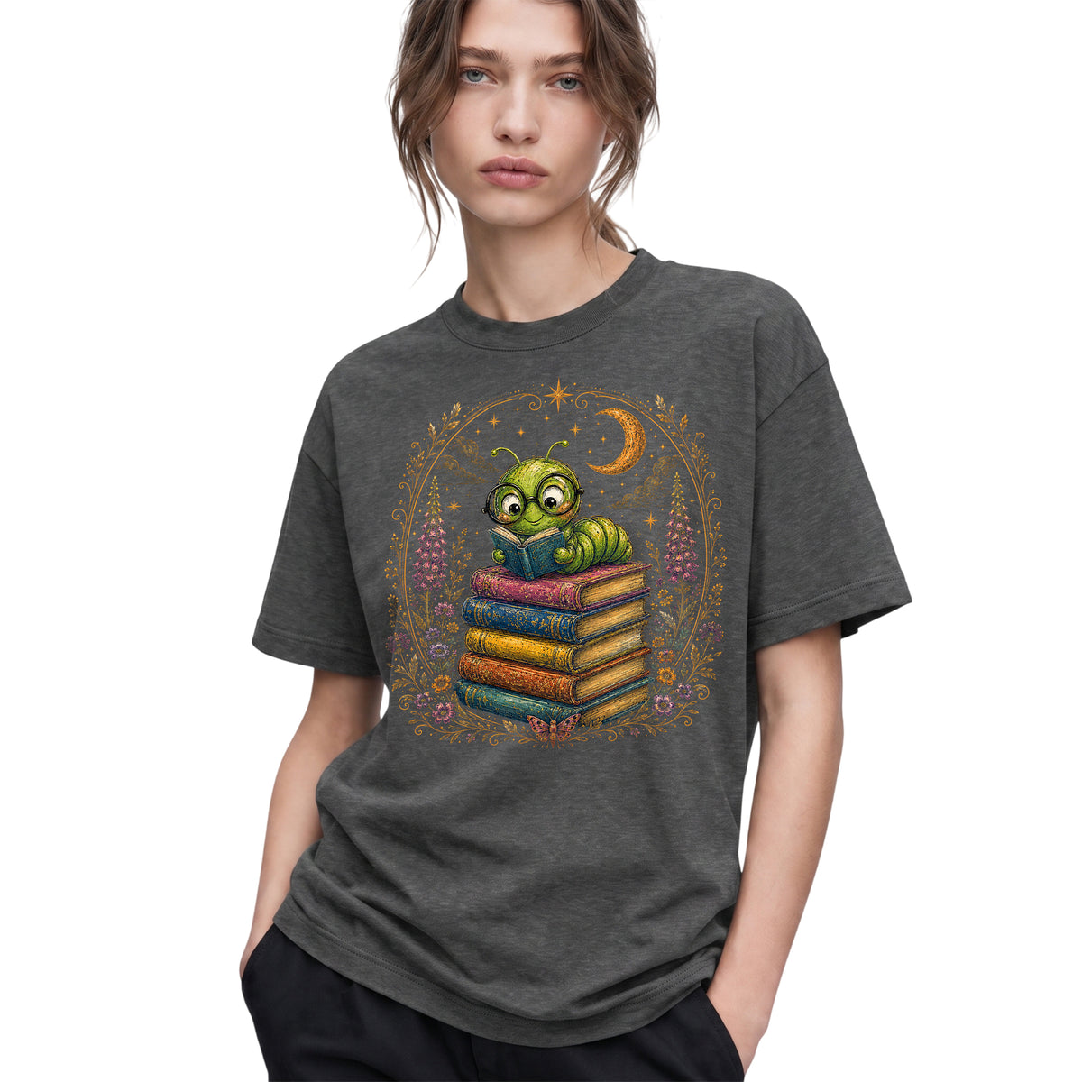 SF_COLOR=dark-heather; SF_ITEM=adult-t-shirt; SF_ROLE=gallery; Bookworm Caterpillar Reading Night Moon Flowersss T-Shirt Dreamer Tee - Dark Heather Adult T-Shirt product image