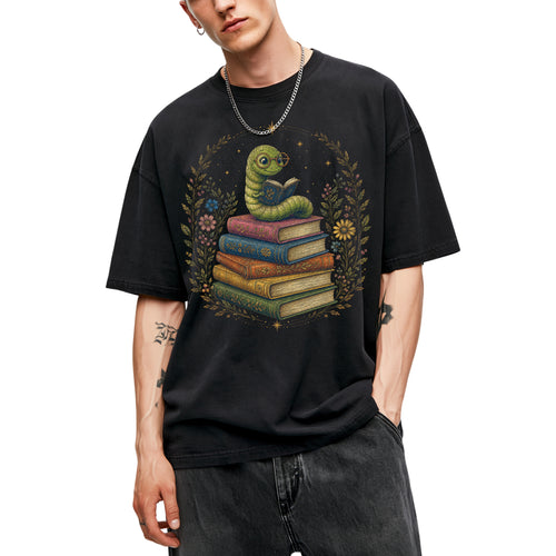 SF_COLOR=black; SF_ITEM=adult-t-shirt; SF_ROLE=main; Bookworm Worm Glasses On Book Stack Floral Wreathss T-Shirt Book Tee - Black Adult T-Shirt product image