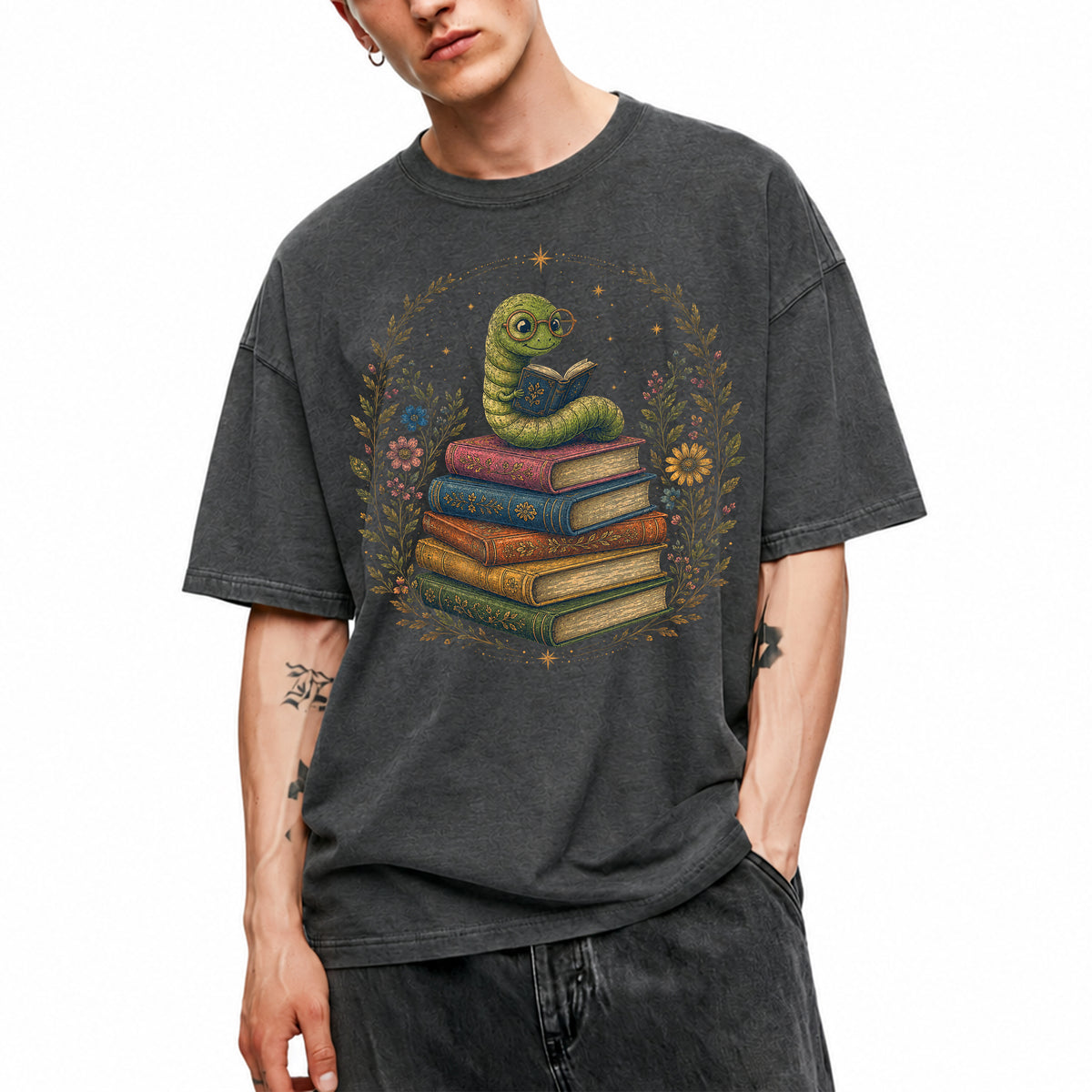 SF_COLOR=dark-heather; SF_ITEM=adult-t-shirt; SF_ROLE=main; Bookworm Worm Glasses On Book Stack Floral Wreathss T-Shirt Book Tee - Dark Heather Adult T-Shirt product image