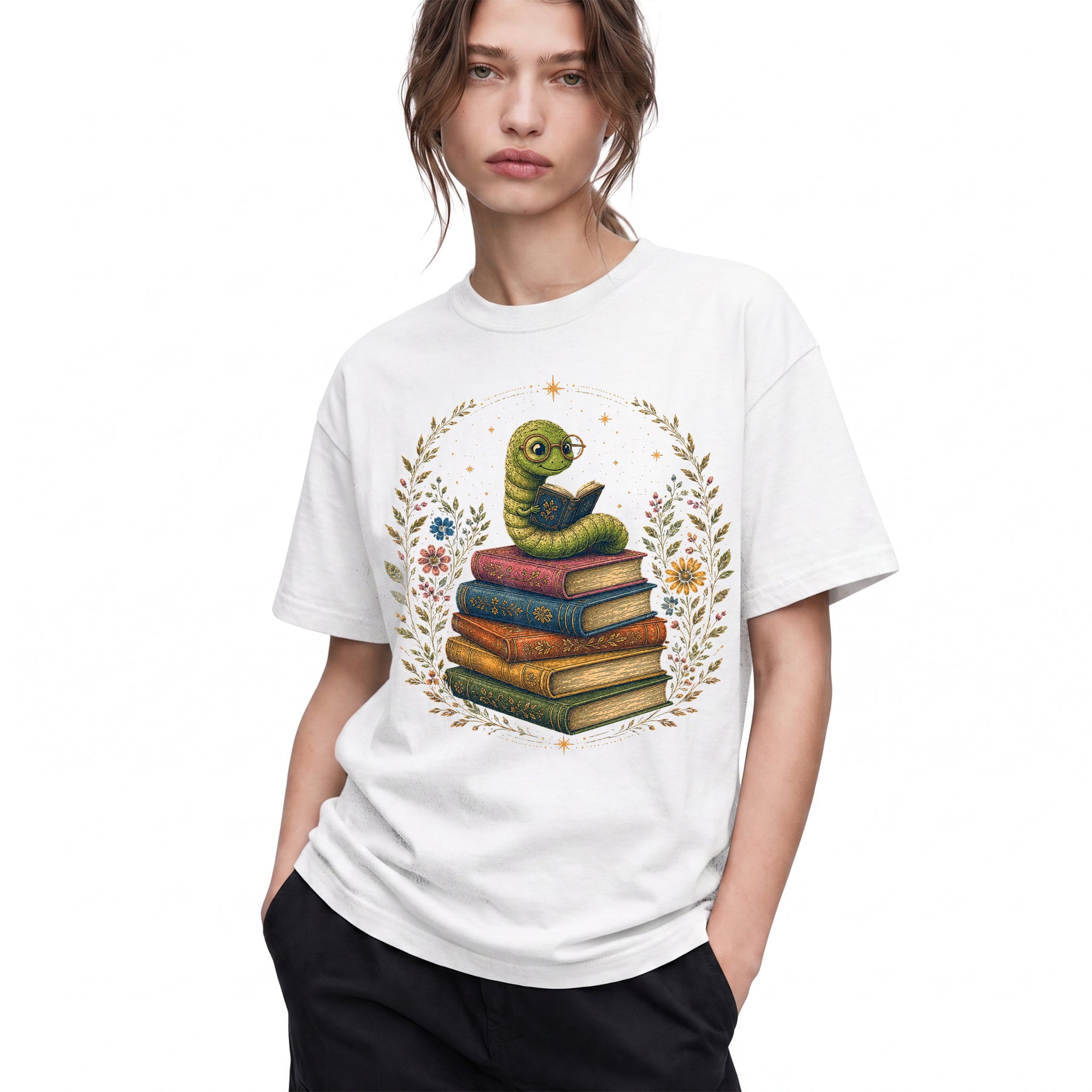 SF_COLOR=white; SF_ITEM=adult-t-shirt; SF_ROLE=gallery; Bookworm Worm Glasses On Book Stack Floral Wreathss T-Shirt Book Tee - White Adult T-Shirt product image
