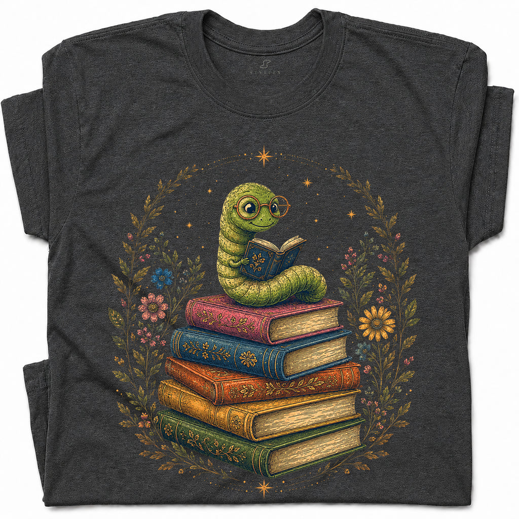SF_COLOR=dark-heather; SF_ITEM=adult-t-shirt; SF_ROLE=gallery; Bookworm Worm Glasses On Book Stack Floral Wreathss T-Shirt Book Tee - Dark Heather Adult T-Shirt product image