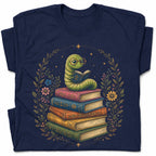 SF_COLOR=navy; SF_ITEM=adult-t-shirt; SF_ROLE=gallery; Bookworm Worm Glasses On Book Stack Floral Wreathss T-Shirt Book Tee - Navy Adult T-Shirt product image