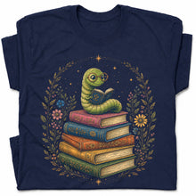 SF_COLOR=navy; SF_ITEM=adult-t-shirt; SF_ROLE=gallery; Bookworm Worm Glasses On Book Stack Floral Wreathss T-Shirt Book Tee - Navy Adult T-Shirt product image