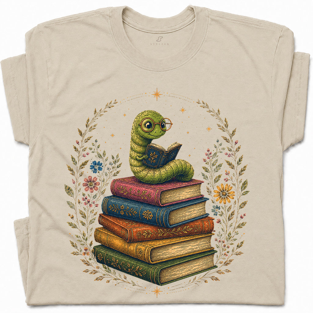 SF_COLOR=sand; SF_ITEM=adult-t-shirt; SF_ROLE=gallery; Bookworm Worm Glasses On Book Stack Floral Wreathss T-Shirt Book Tee - Sand Adult T-Shirt product image