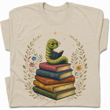 SF_COLOR=sand; SF_ITEM=adult-t-shirt; SF_ROLE=gallery; Bookworm Worm Glasses On Book Stack Floral Wreathss T-Shirt Book Tee - Sand Adult T-Shirt product image
