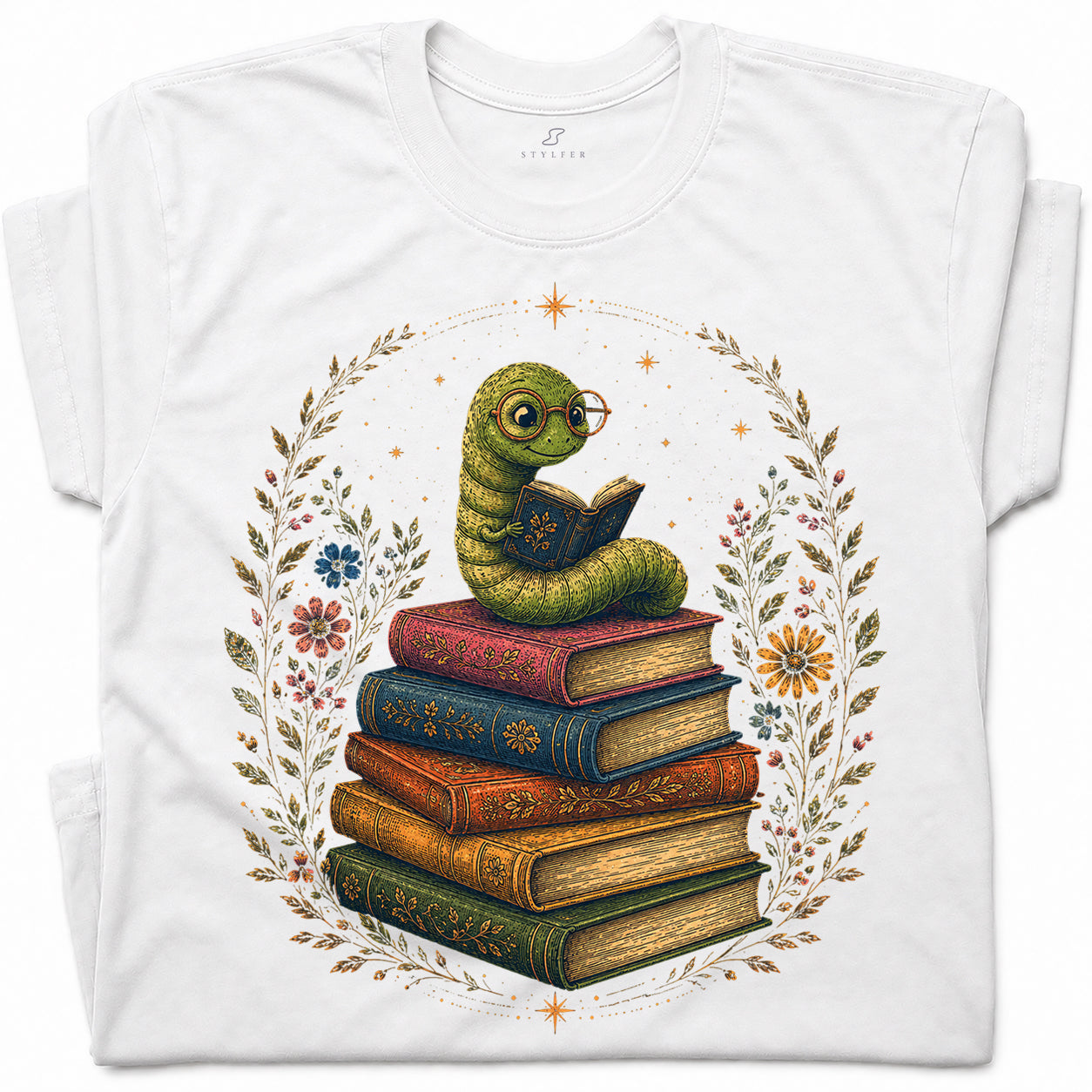 SF_COLOR=white; SF_ITEM=adult-t-shirt; SF_ROLE=gallery; Bookworm Worm Glasses On Book Stack Floral Wreathss T-Shirt Book Tee - White Adult T-Shirt product image