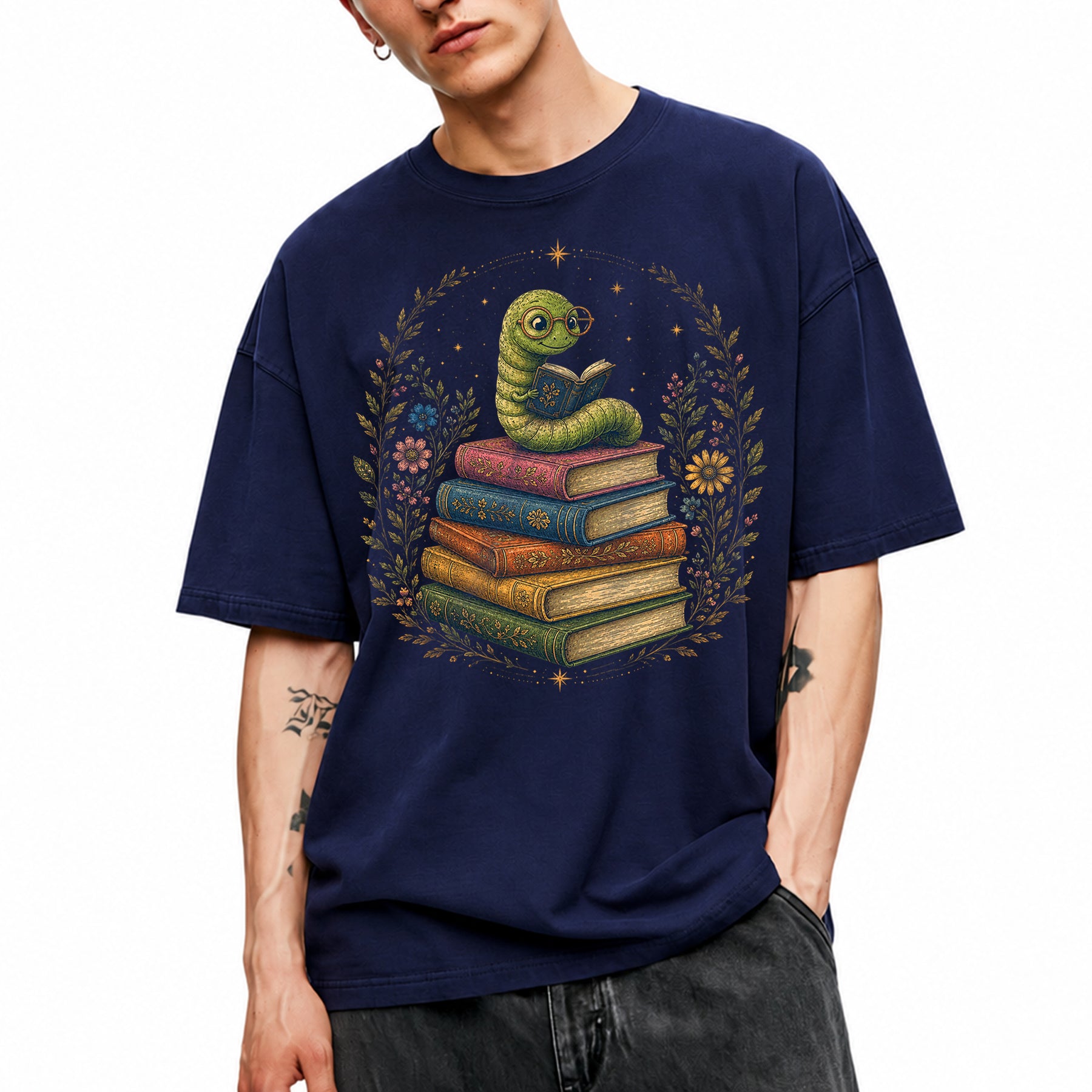 SF_COLOR=navy; SF_ITEM=adult-t-shirt; SF_ROLE=main; Bookworm Worm Glasses On Book Stack Floral Wreathss T-Shirt Book Tee - Navy Adult T-Shirt product image