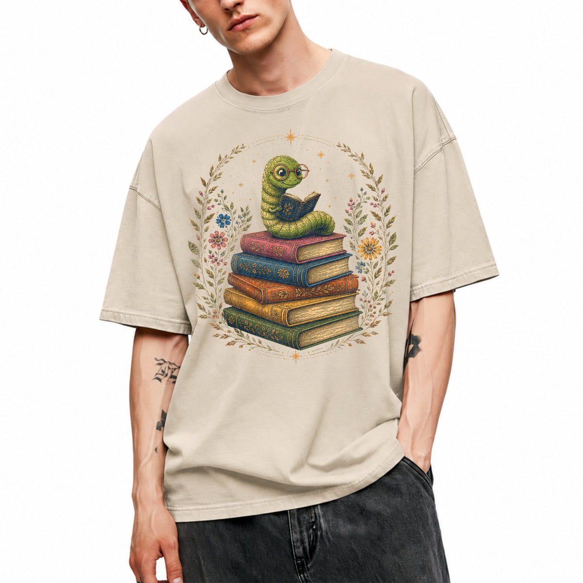 SF_COLOR=sand; SF_ITEM=adult-t-shirt; SF_ROLE=main; Bookworm Worm Glasses On Book Stack Floral Wreathss T-Shirt Book Tee - Sand Adult T-Shirt product image