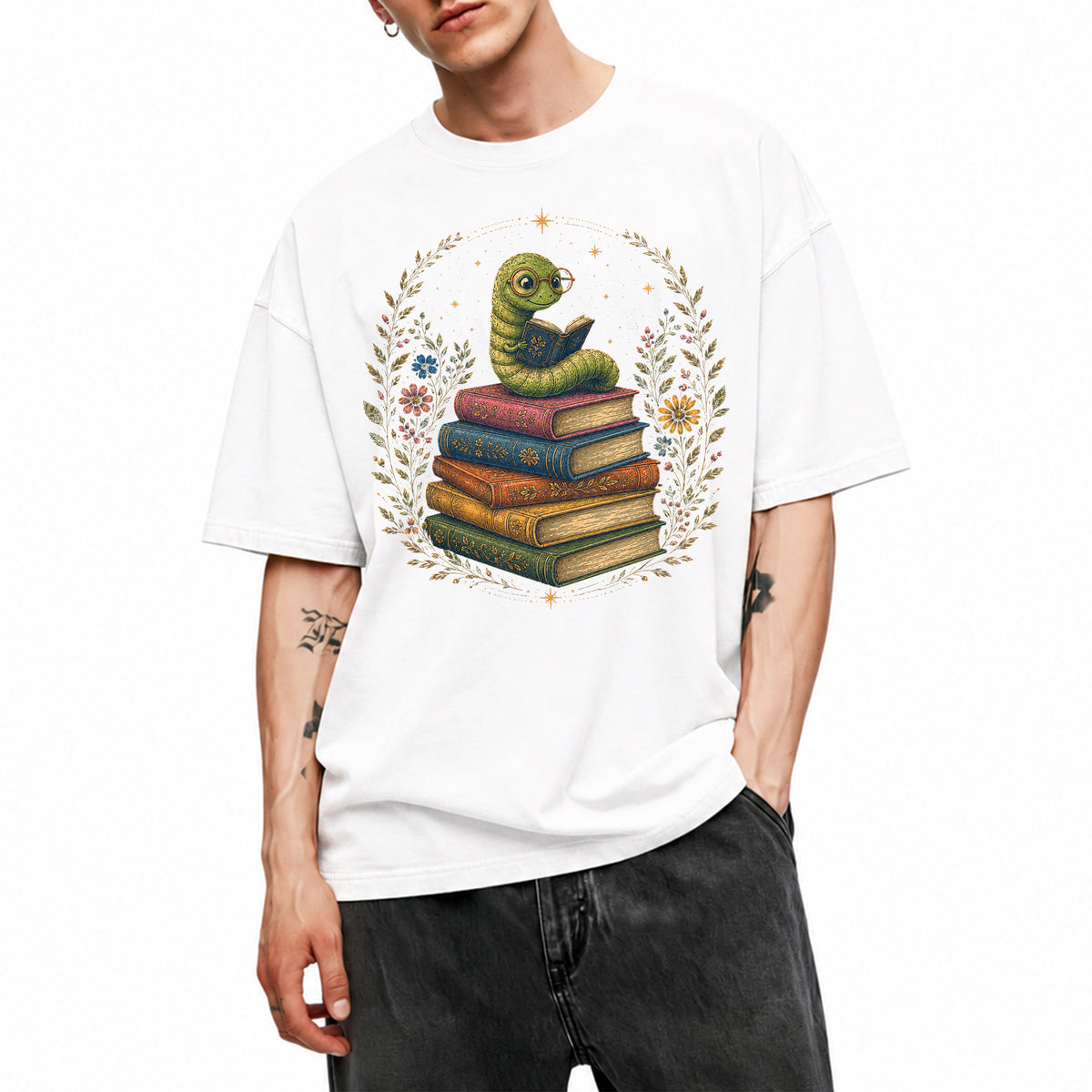 SF_COLOR=white; SF_ITEM=adult-t-shirt; SF_ROLE=main; Bookworm Worm Glasses On Book Stack Floral Wreathss T-Shirt Book Tee - White Adult T-Shirt product image