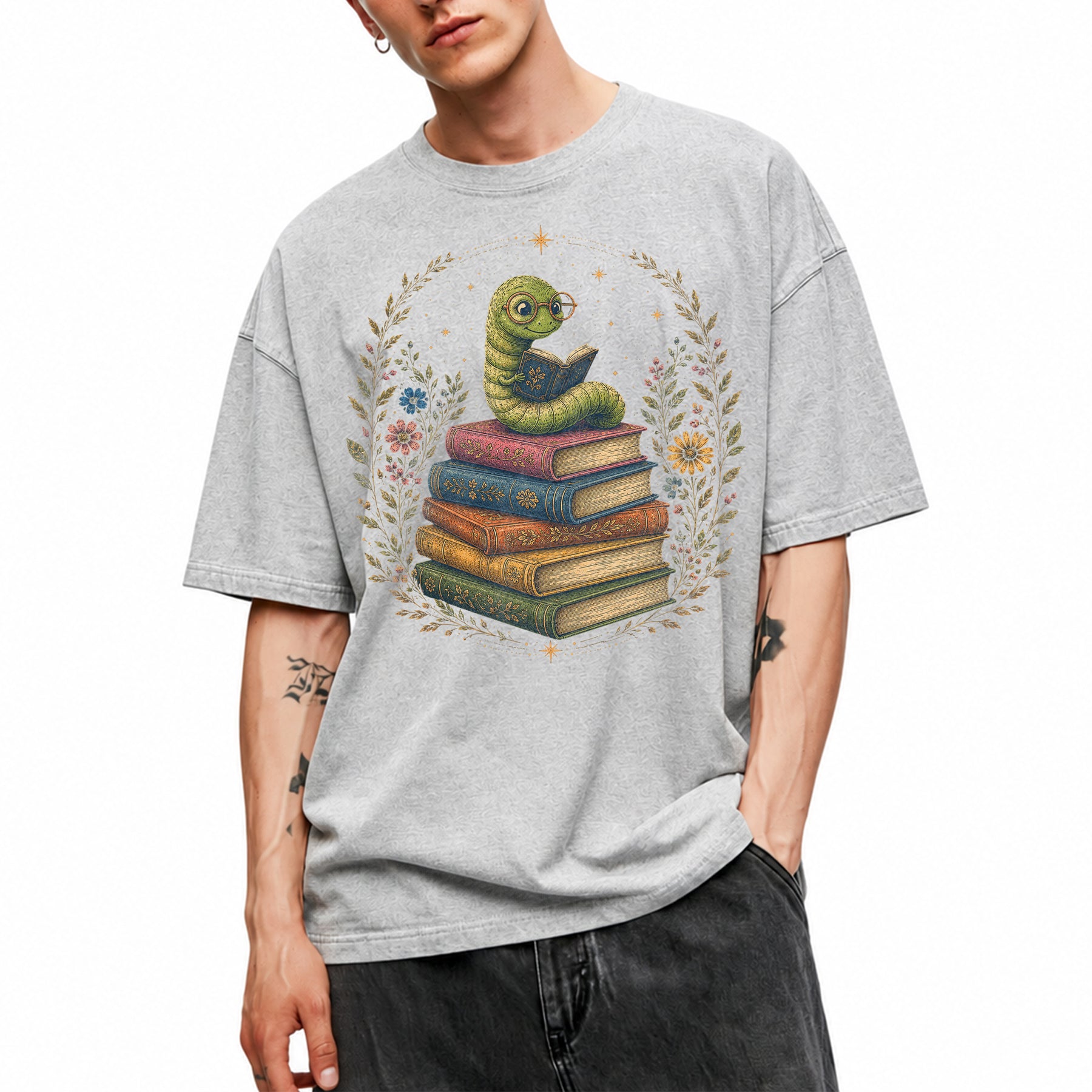 SF_COLOR=sport-grey; SF_ITEM=adult-t-shirt; SF_ROLE=main; Bookworm Worm Glasses On Book Stack Floral Wreathss T-Shirt Book Tee - Sport Grey Adult T-Shirt product image