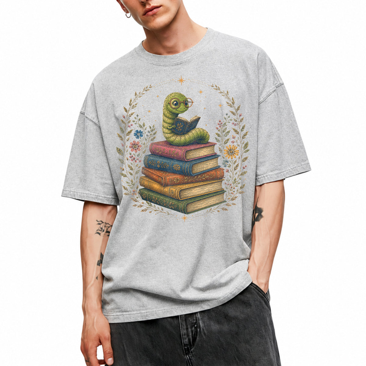 SF_COLOR=sport-grey; SF_ITEM=adult-t-shirt; SF_ROLE=main; Bookworm Worm Glasses On Book Stack Floral Wreathss T-Shirt Book Tee - Sport Grey Adult T-Shirt product image