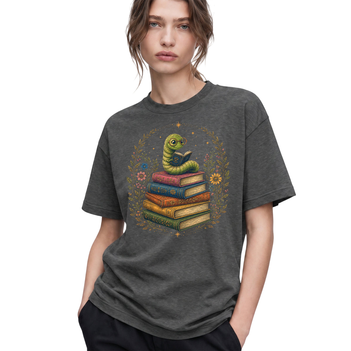 SF_COLOR=dark-heather; SF_ITEM=adult-t-shirt; SF_ROLE=gallery; Bookworm Worm Glasses On Book Stack Floral Wreathss T-Shirt Book Tee - Dark Heather Adult T-Shirt product image