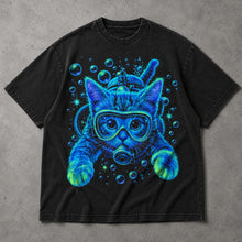 SF_COLOR=black; SF_ITEM=adult-t-shirt; SF_ROLE=main; Bright Neon Scuba Diving Cat T-Shirt Blue Ocean Feline Animal Humor Tee - Black Adult T-Shirt product image