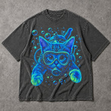 SF_COLOR=dark-heather; SF_ITEM=adult-t-shirt; SF_ROLE=main; Bright Neon Scuba Diving Cat T-Shirt Blue Ocean Feline Animal Humor Tee - Dark Heather Adult T-Shirt product image