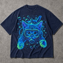 SF_COLOR=navy; SF_ITEM=adult-t-shirt; SF_ROLE=main; Bright Neon Scuba Diving Cat T-Shirt Blue Ocean Feline Animal Humor Tee - Navy Adult T-Shirt product image
