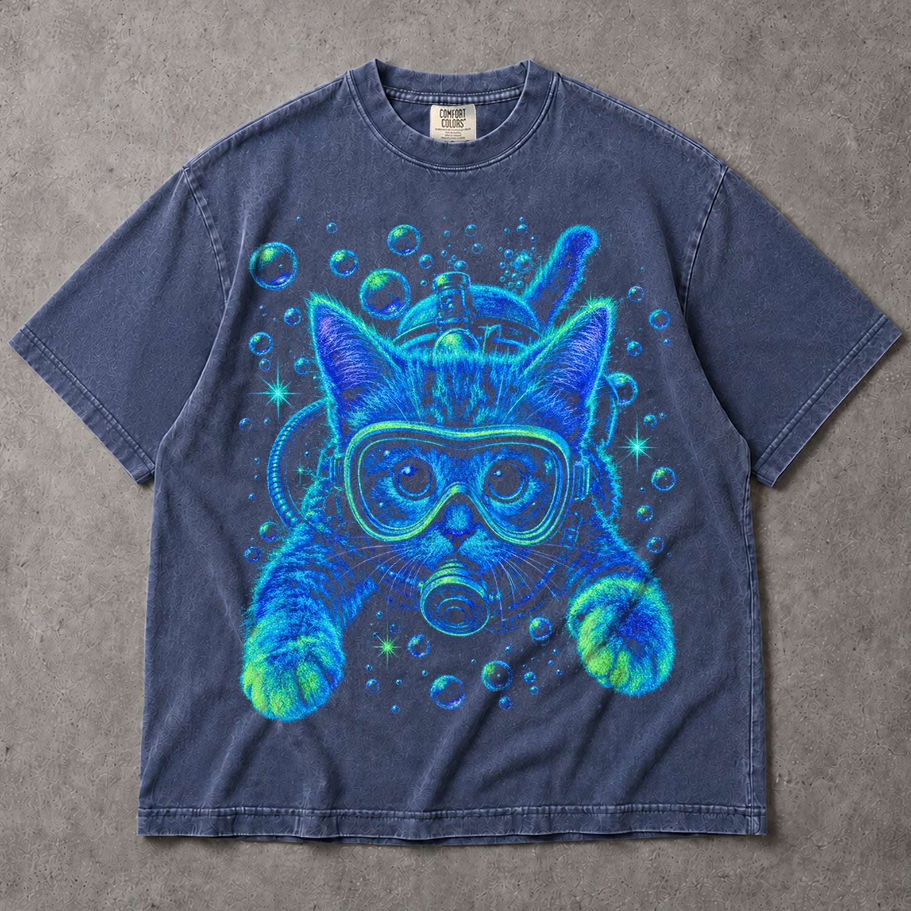 SF_COLOR=sport-grey|denim; SF_ITEM=adult-t-shirt; SF_ROLE=main; Bright Neon Scuba Diving Cat T-Shirt Blue Ocean Feline Animal Humor Tee - Sport Grey, Denim Adult T-Shirt product image