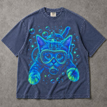 SF_COLOR=sport-grey|denim; SF_ITEM=adult-t-shirt; SF_ROLE=main; Bright Neon Scuba Diving Cat T-Shirt Blue Ocean Feline Animal Humor Tee - Sport Grey, Denim Adult T-Shirt product image