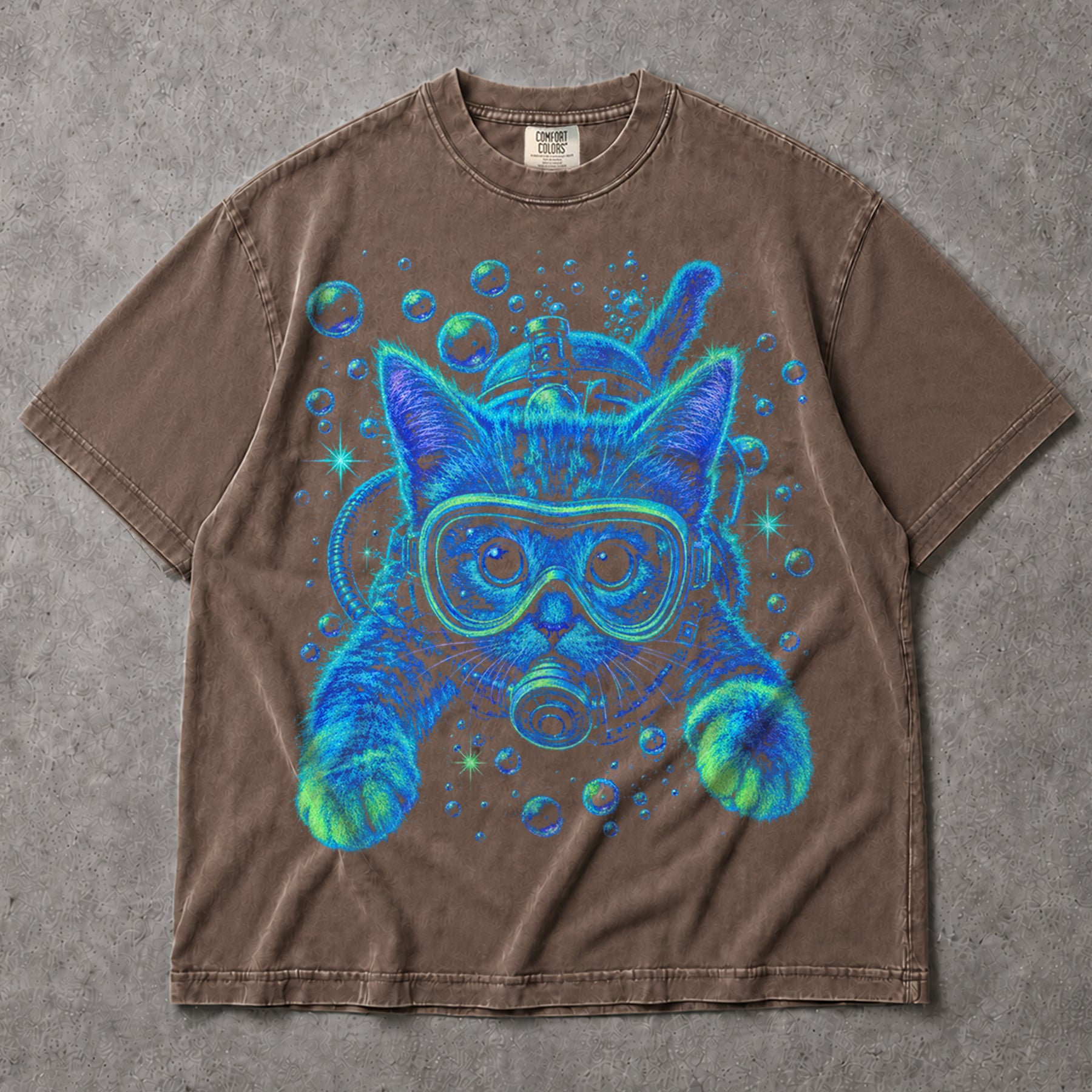 SF_COLOR=sport-grey|espresso; SF_ITEM=adult-t-shirt; SF_ROLE=main; Bright Neon Scuba Diving Cat T-Shirt Blue Ocean Feline Animal Humor Tee - Sport Grey, Espresso Adult T-Shirt product image