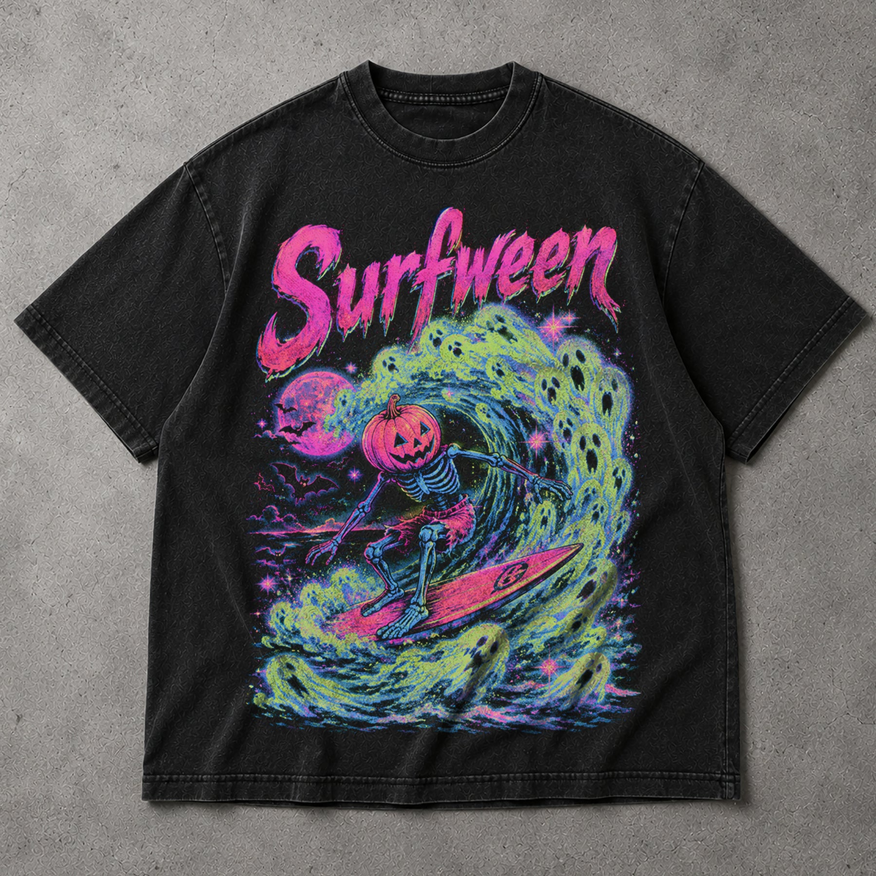 SF_COLOR=black; SF_ITEM=adult-t-shirt; SF_ROLE=main; Bright Neon Surfween Skeleton T-Shirt Pumpkin Head Surfing Ghost Wave Tee - Black Adult T-Shirt product image