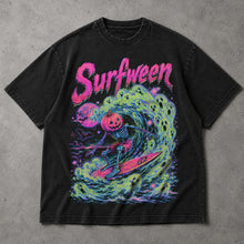 SF_COLOR=black; SF_ITEM=adult-t-shirt; SF_ROLE=main; Bright Neon Surfween Skeleton T-Shirt Pumpkin Head Surfing Ghost Wave Tee - Black Adult T-Shirt product image