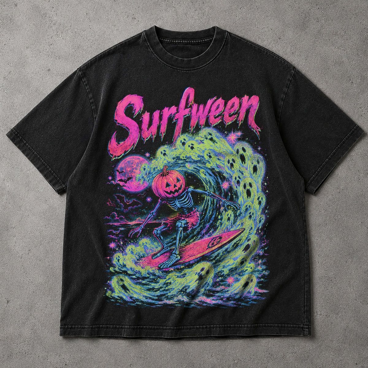 SF_COLOR=black; SF_ITEM=adult-t-shirt; SF_ROLE=main; Bright Neon Surfween Skeleton T-Shirt Pumpkin Head Surfing Ghost Wave Tee - Black Adult T-Shirt product image