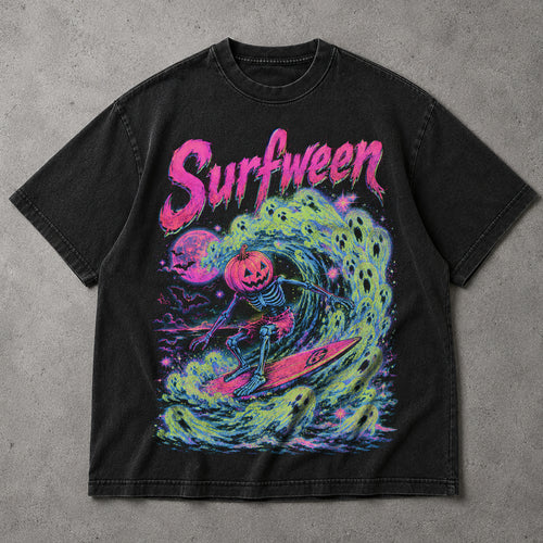 SF_COLOR=black; SF_ITEM=adult-t-shirt; SF_ROLE=main; Bright Neon Surfween Skeleton T-Shirt Pumpkin Head Surfing Ghost Wave Tee - Black Adult T-Shirt product image