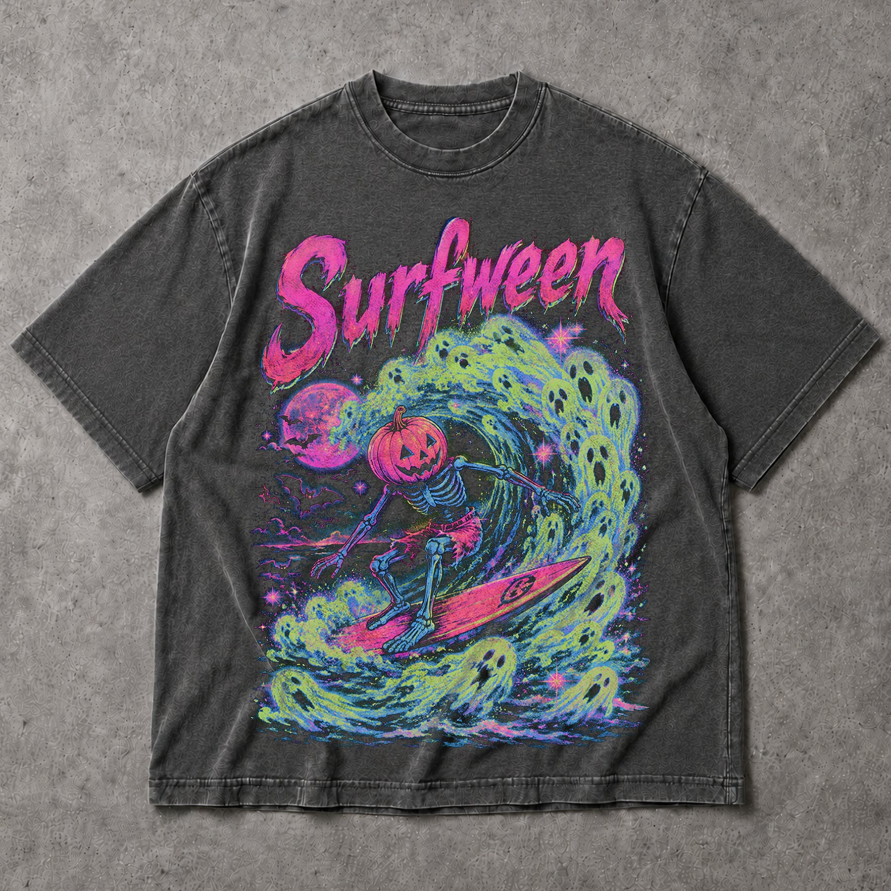 SF_COLOR=dark-heather; SF_ITEM=adult-t-shirt; SF_ROLE=main; Bright Neon Surfween Skeleton T-Shirt Pumpkin Head Surfing Ghost Wave Tee - Dark Heather Adult T-Shirt product image