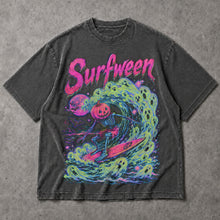 SF_COLOR=dark-heather; SF_ITEM=adult-t-shirt; SF_ROLE=main; Bright Neon Surfween Skeleton T-Shirt Pumpkin Head Surfing Ghost Wave Tee - Dark Heather Adult T-Shirt product image